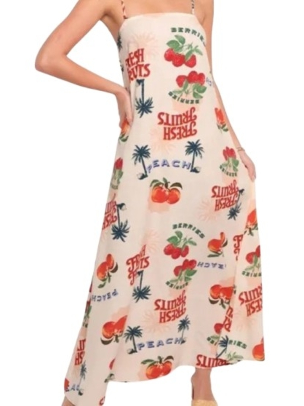 Anthropologie Paper Heart Fresh Fruit Linen Blend Maxi Dress Size M High Low Hem